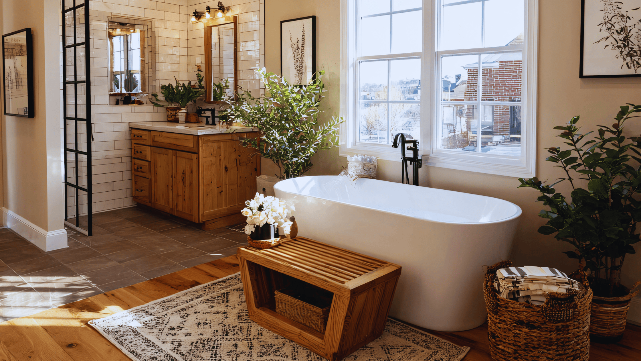 Modern bathroom remodel in Worcester MA featuring a freestanding tub, smart shower controls, and natural wood vanity.
